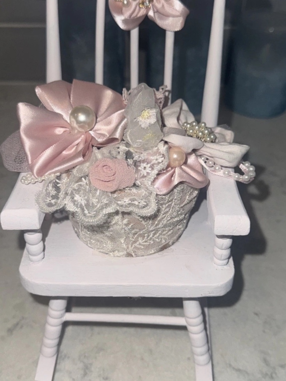 Handmade Pink Satin & Lace Floral Rocking Chair Decor.